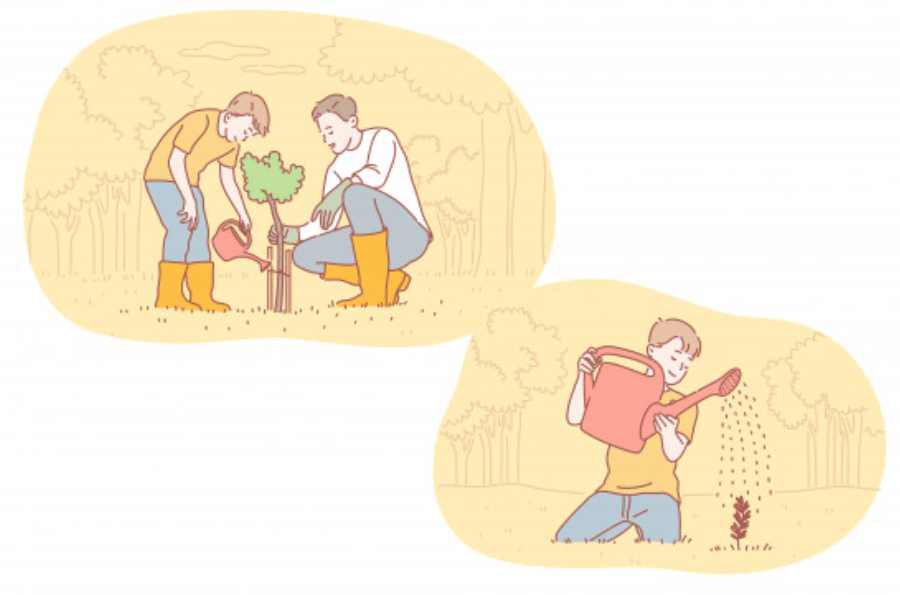 子供とと植物をはぐくむ男性ビジネスマン